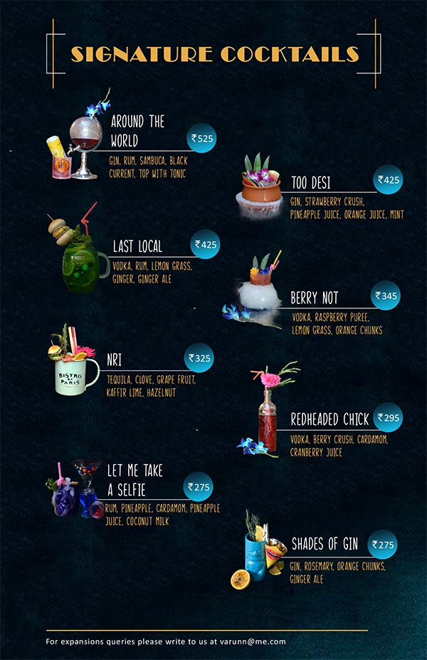Cocktail Bar Menu Too Indian Delhi